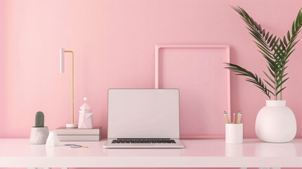 Minimalist home office desk with laptop and decoration