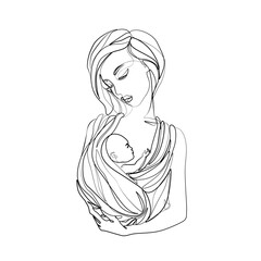 Mom and baby in a sling, continuous line drawing, print for clothes and logo design, small tattoo, emblem or logo design, isolated vector illustration.