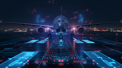 Airplane in holographic for travel and transportation concept on the plot plan drawings line graphic, design for abstract wallpaper and background	 - obrazy, fototapety, plakaty