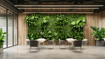 Fototapeta na wymiar Modern eco office interior with a wall of green plants