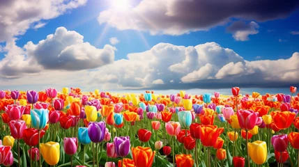 Poster Multicolored fields of tulips under a blue sky. © Johnu