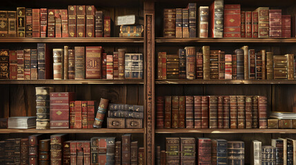 Old bookshelf with many old books in the library. Vint