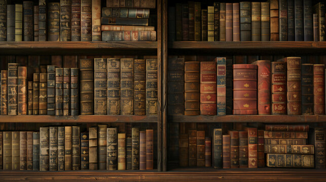 Old bookshelf with many old books in the library. Vint