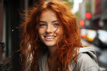 Portrait of a charming stylish cheerful carefree satisfied redhead young girl with long curly ginger hair outdoor