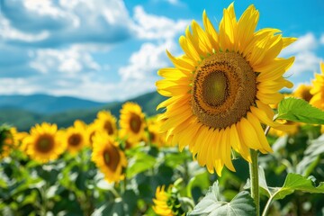 A bright and cheerful sunflower field stretching towards the horizon