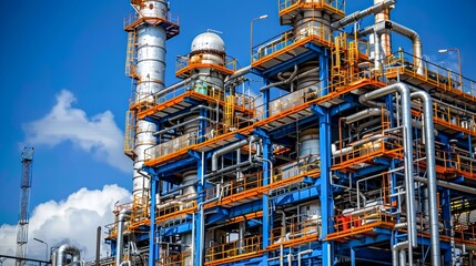 Complex array of steel piping and distillation columns at an industrial oil refinery under a clear blue sky