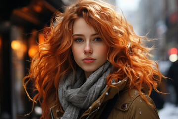 Portrait of a charming stylish sensual pensive cute redhead young girl with long curly ginger hair outdoor in wintertime