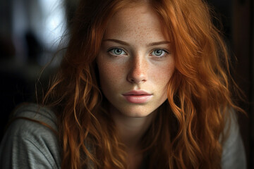 Portrait of a charming stylish sensual pensive cute redhead young girl with long curly ginger hair