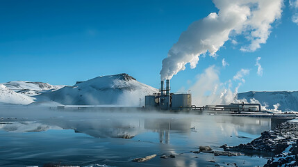 Fototapeta premium Geothermal power plant with snowy mountains in the background