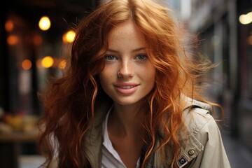 Portrait of a charming stylish cheerful cute carefree satisfied redhead young girl with long curly ginger hair