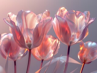 a digital photo of cinematic realism tulip, Muted glow opal white color margarite, iridescent opalescent colours, dark background
