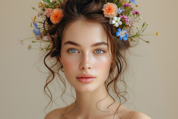 Naklejka premium Beauty portrait of young woman with flowers in her hair.