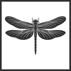 black silhouette of a dragonfly in a frame without background