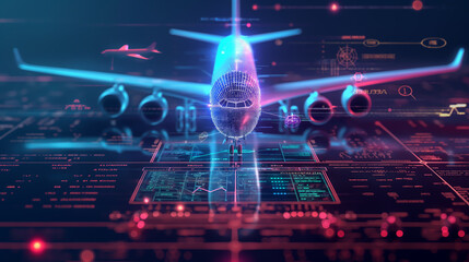 Airplane in holographic for travel and transportation concept on the plot plan drawings line graphic, design for abstract wallpaper and background	