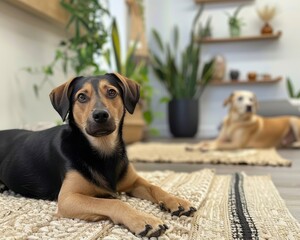 Two Dogs Relaxing in a Cozy Home Environment, A black and tan dog in the foreground with a relaxed tan dog in the background, both enjoying a cozy, plant-filled home setting. Comprehensive pet wellnes - obrazy, fototapety, plakaty