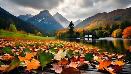 Fotobehang Autumn, lake, mountains, river, green landscape, forest, clouds, hills, autumn in the mountains © Every