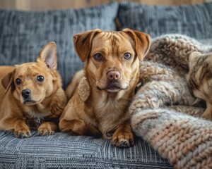 Two Relaxed Dogs Enjoying Comfort on Couch, A pair of adorable dogs lying together on a couch, nestled among soft blankets, looking cozy and content. Comprehensive pet wellness sessions at home photog