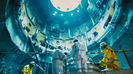 Engineers conducting maintenance and inspections inside a nuclear reactor containment vessel