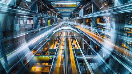 Fototapeta na wymiar a long exposure photograph from an overhead perspective of a production facility, showcasing the ballet-like coordination of automated machinery and the rhythmic flow of products down t