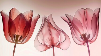 Three tulips made of transparent material on a pink background - obrazy, fototapety, plakaty