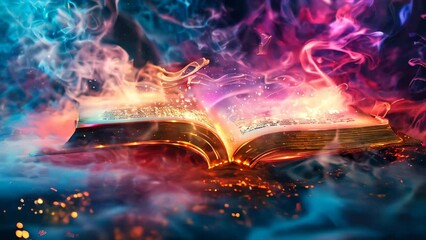 Abstract fantasy illustration of a magic book with colorful smoke and sparking lighting.