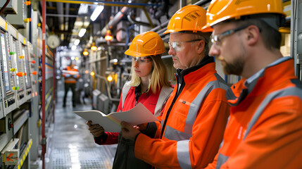 Engineers and technicians conducting maintenance and inspections inside a nuclear reactor containment vessel