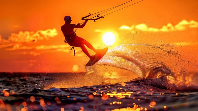 Water sports in summer, a man is kitesurfing at sunset.