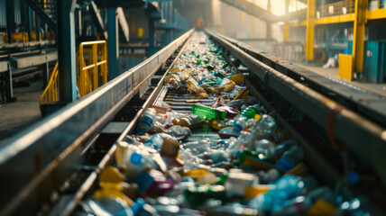 Conveyor belt overloaded with recyclable waste, symbolizing environmental challenges.