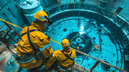 Engineers and technicians conducting maintenance and inspections inside a nuclear reactor containment vessel