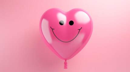 Pink heart balloon with happy face on pink background.