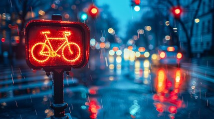 An illuminated red bicycle traffic signal glows vibrantly on a rainy night in the city