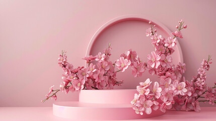Pink podium with owers on pink background. 3d render