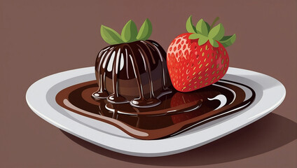 Cute strawberry with chocolate sauce cartoon food vector illustration. generative AI