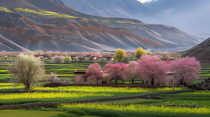 Peach blossom scenery in Linzhi, Tibet,China,created with Generative AI tecnology.