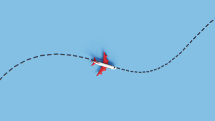 Flight route from a waypoint. Concept of world travel and international flight airline. Airplane on dotted route line. Aeroplane flying with a dashed line along the path. 3d illustration - obrazy, fototapety, plakaty