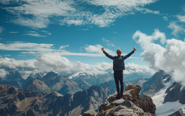 Man standing on top of a mountain with raised arms and enjoying the view generative ai  art