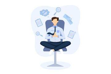 Young Man Meditating at Work Flat Design