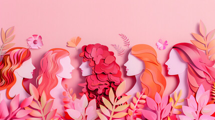 Portraits of women in paper cut style on pink background
