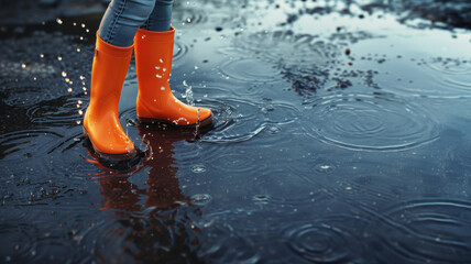 Vibrant orange rain boots splashing through urban puddles on a wet day. - obrazy, fototapety, plakaty