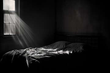 An empty bed and rumpled sheets - obrazy, fototapety, plakaty