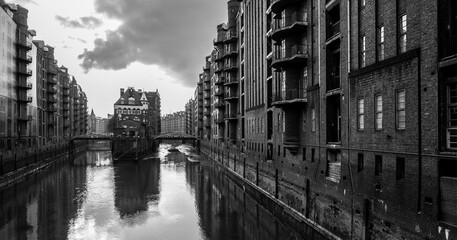 “Speicherstadt“ panorama in Hamburg (Germany). Historic warehouse district with famous...