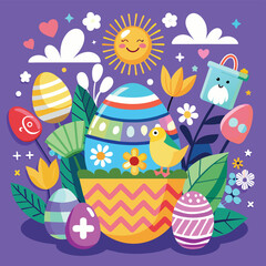 Happy easter card with colorful eggs and spring flowers vector illustration graphic design