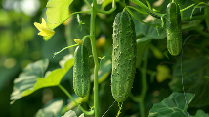 Fresh cucumbers growing on lush vines, kissed by sunlight and a hint of yellow flowers.