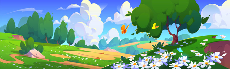 Fototapeta na wymiar Summer valley landscape with flowers. Vector cartoon illustration of beautiful spring sunny scenery, butterflies flying above green grass on hills, trees and bushes, fluffy white clouds in blue sky