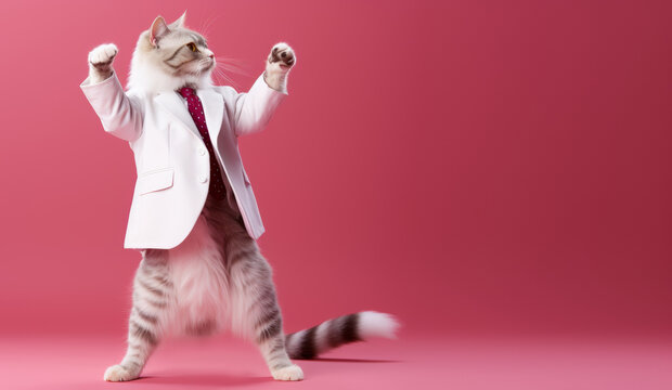 A stylish cat with a white coat, sunglasses, and a bow tie is striking a playful pose against a solid pink background, providing ample copy space for text on the side. Advertising, leaflets, flyers