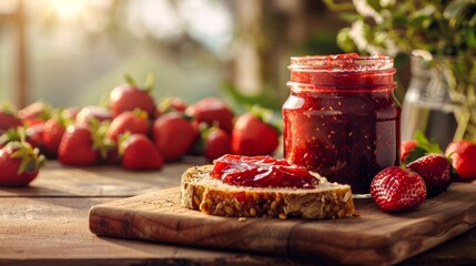 Glistening strawberry jam jar beside a toast with jam spread on a rustic wooden board among fresh strawberries - obrazy, fototapety, plakaty