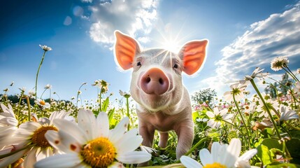 Adorable piglet standing in a field, surrounded by daisies under a sunny sky, embodying fun and curiosity