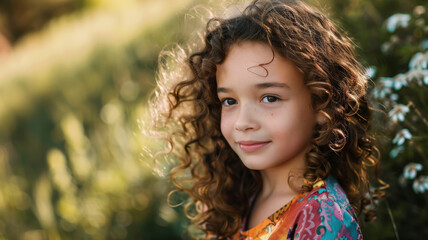 Radiant child with curls framed by golden sunlight as she offers a soft, charismatic smile.