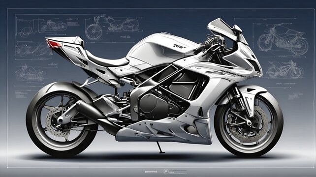 Detailed view of a sporty motorbike structure in 3D style. Diagrammatic drawing collections.