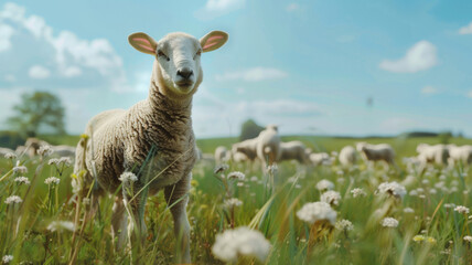 Obraz premium A playful sheep smirks among a field of flowers, basking in the bliss of a sunny meadow.